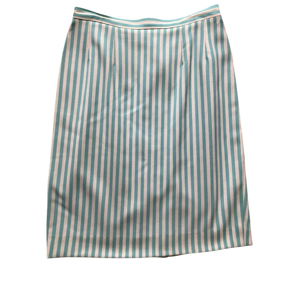 Vintage Guy Laroche Paris Pencil Skirt Teal Cream Striped Old Money Office Chic